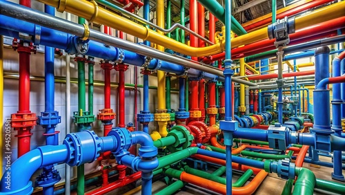 Wallpaper Mural Colorful pipes and fittings of PVC pipe system interconnected to form a complex network, illustrating modern plumbing and piping infrastructure in a industrial setting. Torontodigital.ca