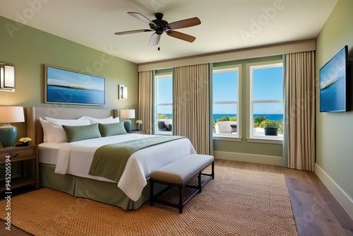 Inviting Guest Room with Eco-Friendly Sisal Flooring and Calming Color Palette