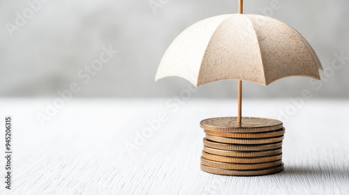Wallpaper Mural A minimalist umbrella design resting on stacked coins, symbolizing financial protection and savings. Torontodigital.ca