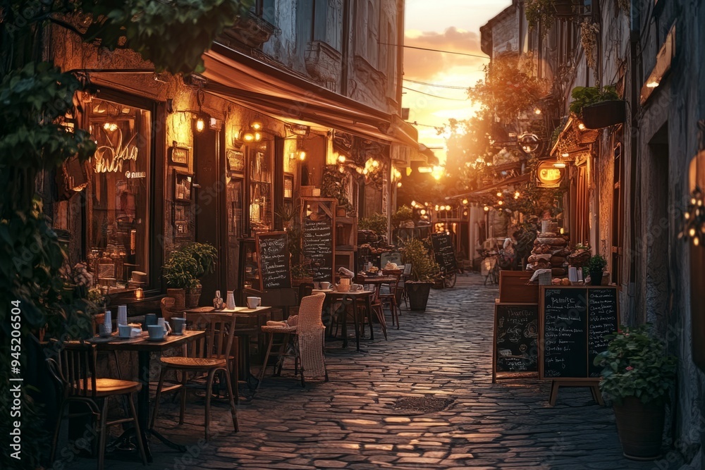 Charming street in the evening with cozy outdoor seating and glowing lights. Perfect for a romantic dinner or casual gathering. A magical atmosphere awaits. Generative AI Charming street in the evening with cozy outdoor seating and glowing lights. Perfect for a romantic dinner or casual gathering. A magical atmosphere awaits. Generative AI