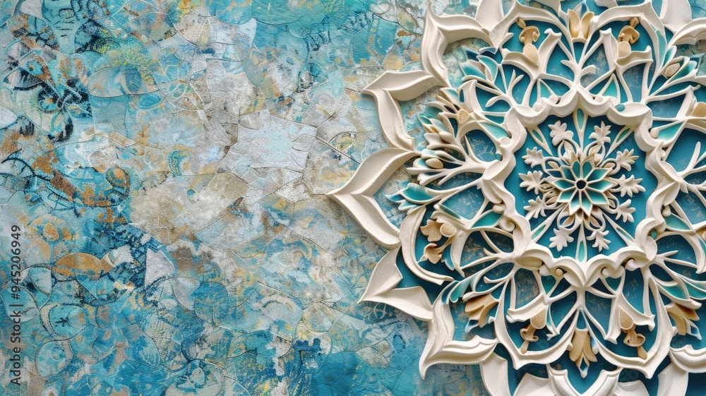  Intricate Arabic pattern on a decorative tile, featuring detailed floral designs and a blend of turquoise and gold hues.