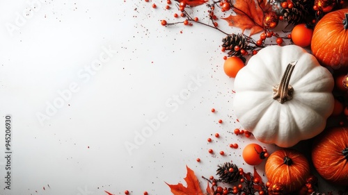 A white pumpkin among orange decorations, pinecones, and berries, embodying a modern Halloween aesthetic.