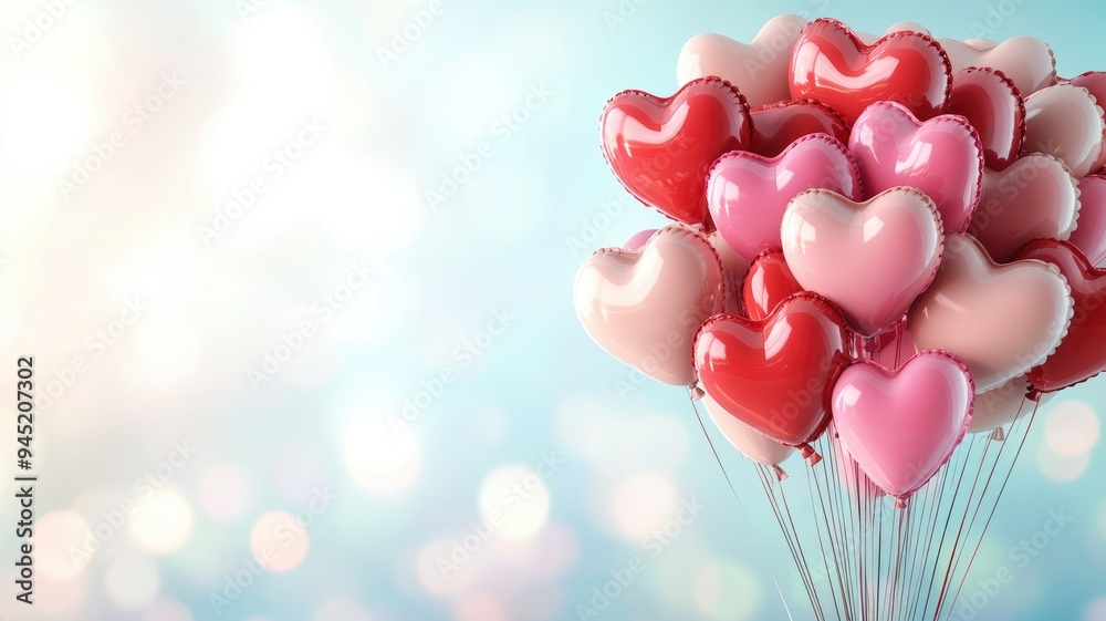 A vibrant bouquet of red and pink heart-shaped balloons floating against a soft, dreamy background. A vibrant bouquet of red and pink heart-shaped balloons floating against a soft, dreamy background.