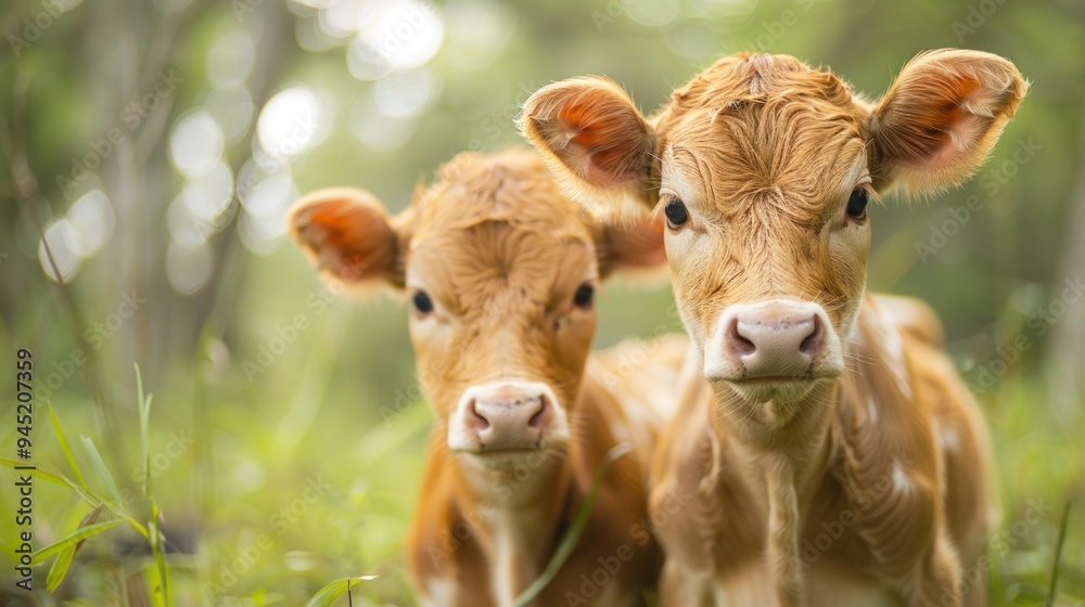Two young calves stand in a grassy field, looking directly at the camera. Two young calves stand in a grassy field, looking directly at the camera.
