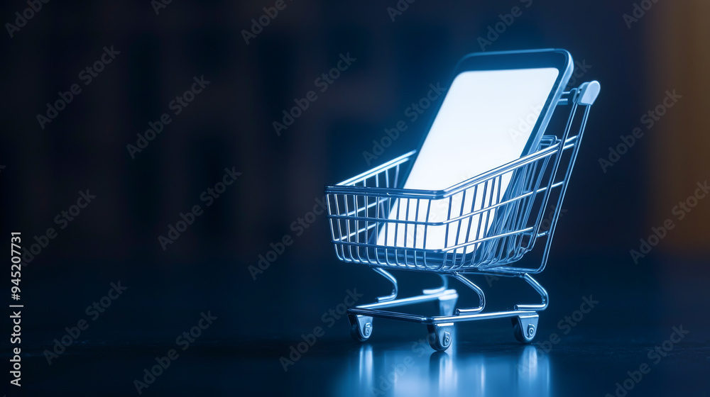 A smartphone inside a miniature shopping cart symbolizing online shopping and e-commerce innovation.