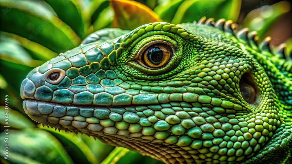 4. Close-up of a reptile's scaly skin, showcasing its remarkable camouflage green color, blending with the leafy underbrush, a realistic photo image. 4. Close-up of a reptile's scaly skin, showcasing its remarkable camouflage green color, blending with the leafy underbrush, a realistic photo image.