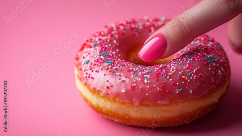 A fingertip with pink nail polish gently presses on a frosted donut with sprinkles photo