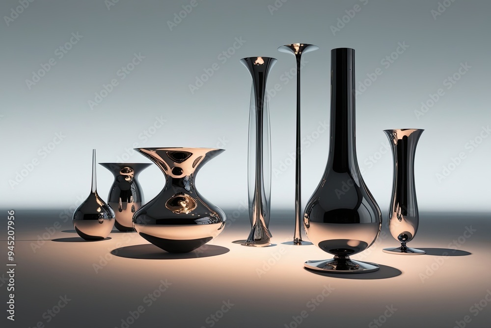 3D Exhibition of Mysterious Glass Sculptures with Reflective Surfaces on Soft Gradient Background 3D Exhibition of Mysterious Glass Sculptures with Reflective Surfaces on Soft Gradient Background
