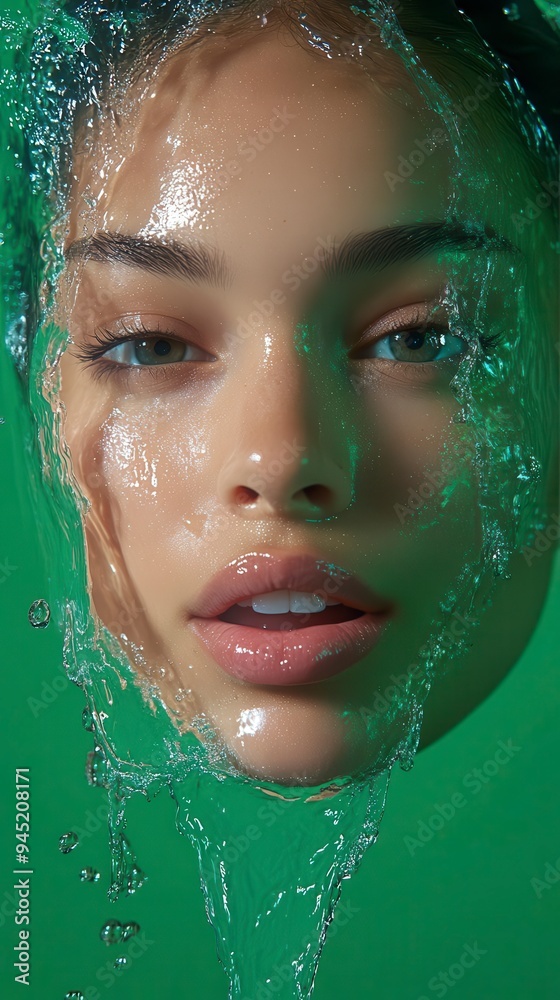 A womans face emerges from a cascade of water eyes wide with surprise A womans face emerges from a cascade of water eyes wide with surprise