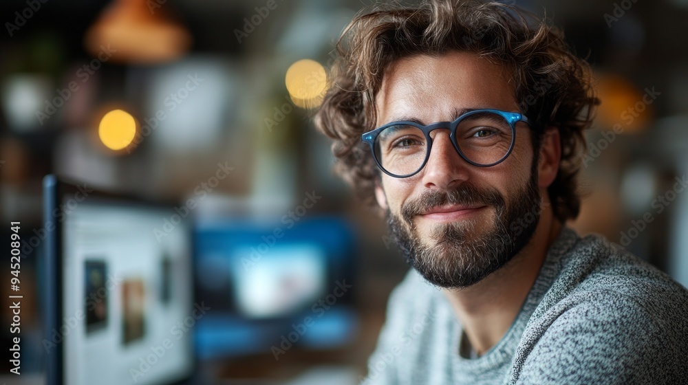 A man with glasses is smiling and looking at the camera A man with glasses is smiling and looking at the camera