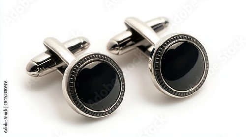 A chrome effect cufflink with a high-gloss finish and intricate detailing, chrome effect, cufflink, high-gloss
