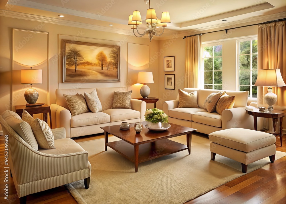 Photo image of a serene and cozy living room with cream-colored walls, plush cream-colored furniture, and soft cream-toned lighting, surrounded by warm earthy tones. Photo image of a serene and cozy living room with cream-colored walls, plush cream-colored furniture, and soft cream-toned lighting, surrounded by warm earthy tones.