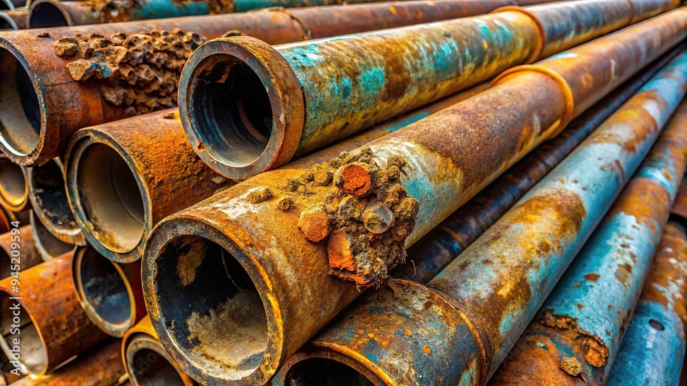 1. A close-up of rusty steel pipes with layers of corrosion and peeling paint, a realistic photo image. 1. A close-up of rusty steel pipes with layers of corrosion and peeling paint, a realistic photo image.