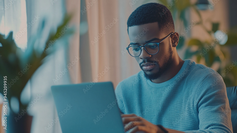 A focused young man working on his laptop in a cozy indoor setting with natural light during the late afternoon