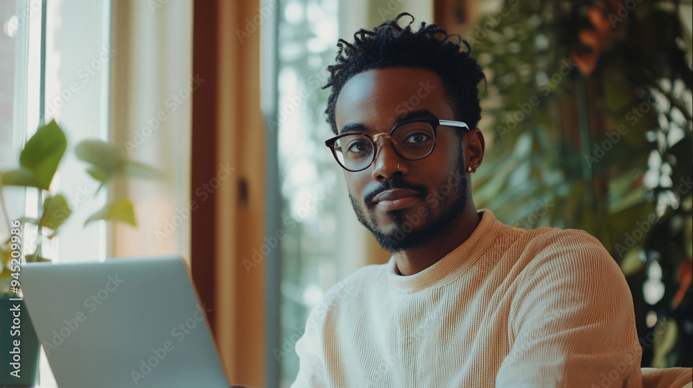 Obraz premium A young man smiles while working on his laptop at a cozy home office surrounded by indoor plants during natural daylight