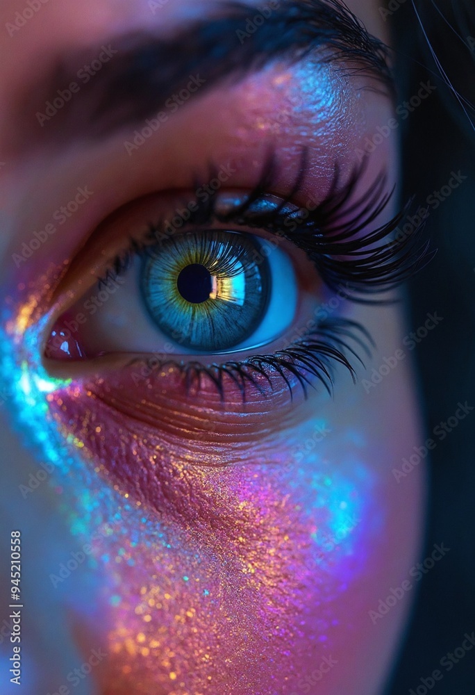 Looking into a human, close up of a woman's eye, skin shimmering with holographic sheen Looking into a human, close up of a woman's eye, skin shimmering with holographic sheen