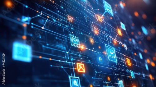 A digital interface displaying network connections and data flow, symbolizing communication technology.