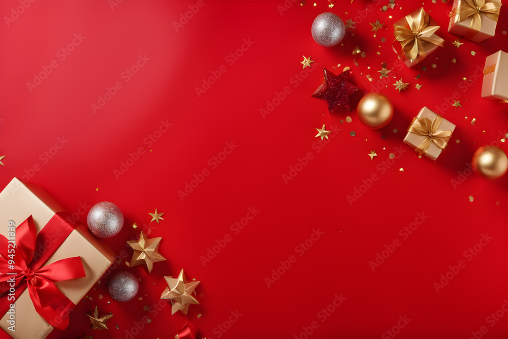 Top view corner layout with blank space center adorned gift box, shiny balls, star and confetti on red background Top view corner layout with blank space center adorned gift box, shiny balls, star and confetti on red background