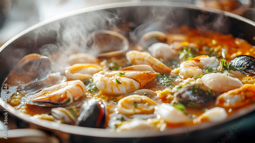 Close-Up Sizzle A close-up shot of Bouillabaisse simmering in a pot, with steam rising and the vibrant colors of the seafood and aromatic herbs Close-Up Sizzle A close-up shot of Bouillabaisse simmering in a pot, with steam rising and the vibrant colors of the seafood and aromatic herbs