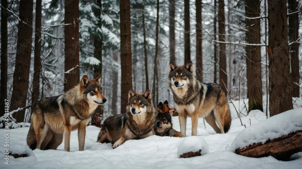 Naklejka premium Group of wolves in forest setting 