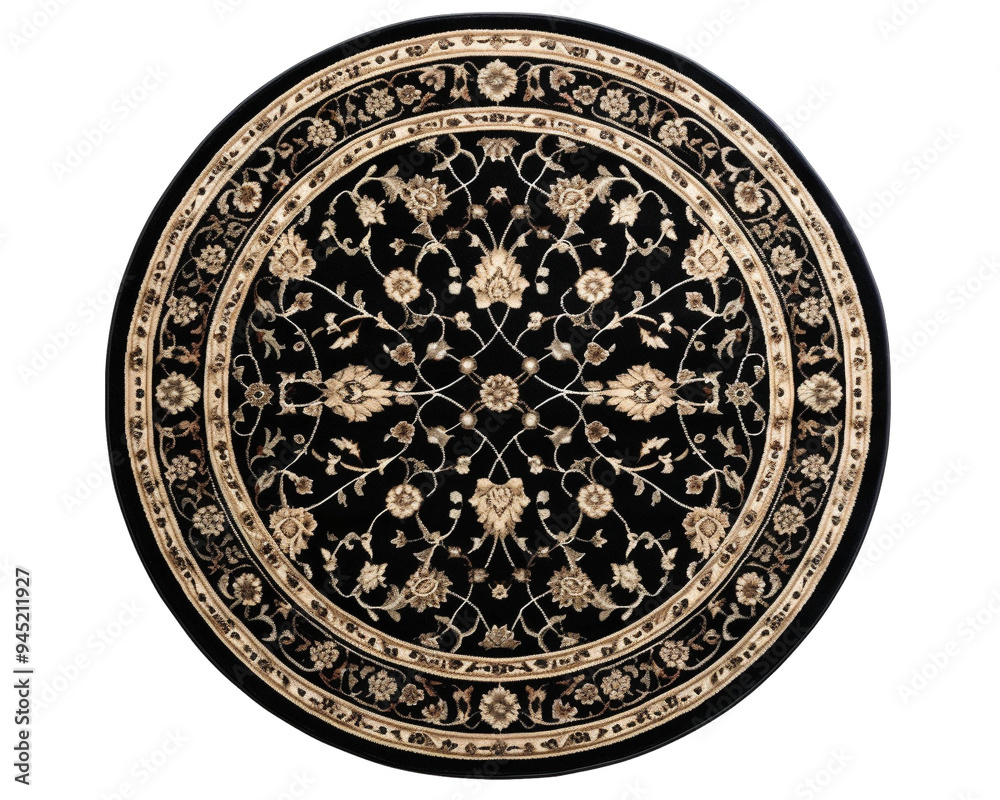 Intricate round rug design featuring floral s on a rich black background, PNG Intricate round rug design featuring floral s on a rich black background, PNG