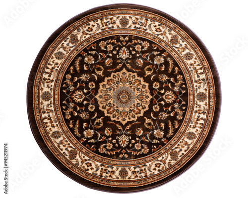 Elegant round rug featuring intricate floral patterns, PNG