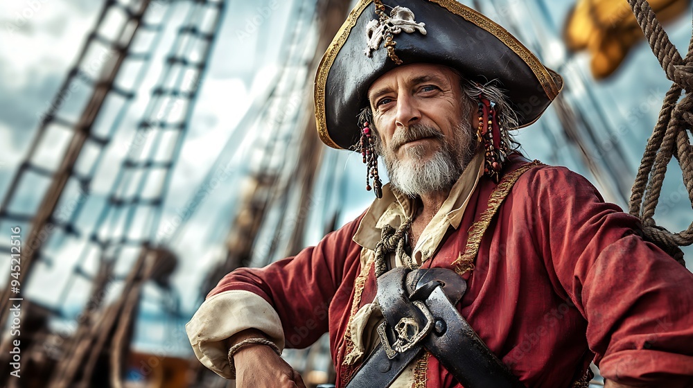 Fototapeta premium Bold Pirate Captain with Hook Hand Standing Confidently on Deck during Pirate Day Adventure