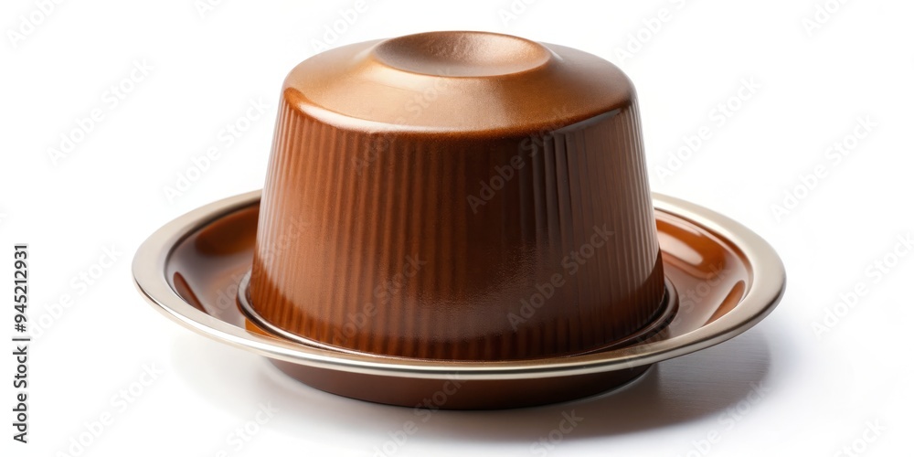 A solitary coffee capsule, its compact shape and earthy tones a testament to the bean's rich flavor, sits serenely on a pristine white background.