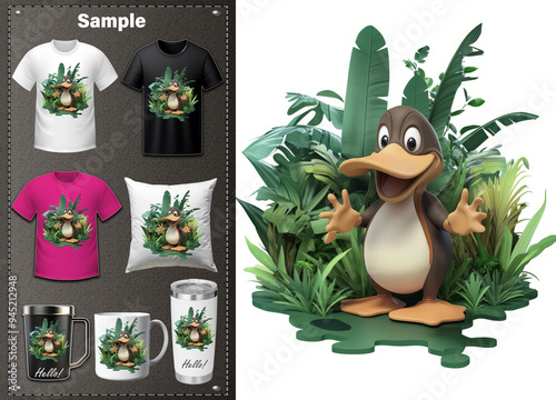 Tumbler, Mug, T-shirt Design: A Charming Platypus Welcomes You to the Lush Jungle, Adding a Playful Touch to Your Safari Adventure with Friendly Vibes and Vibrant Colors! photo