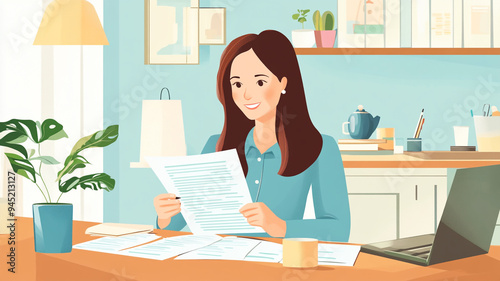 A young woman reviews documents while seated at a wooden desk in a cozy, well-organized home office filled with plants and stationery