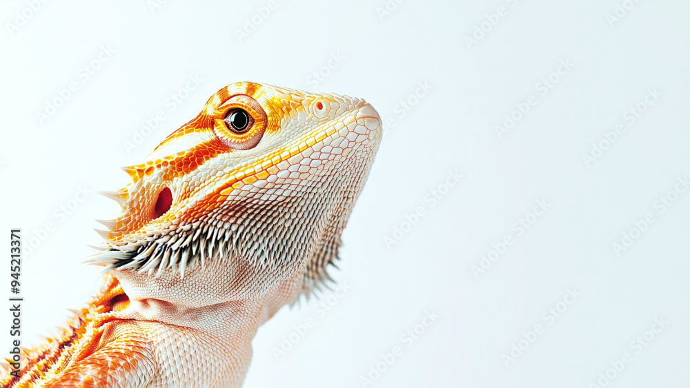 Fototapeta premium Exotic lizard bearded dragon on light background, lizard in natural pose. Close-up. Copy space. Generative AI