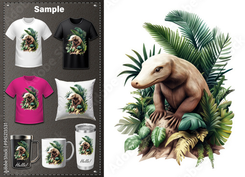 Tumbler, Mug, T-shirt Design: A beautifully illustrated anteater nestled in a vibrant jungle of lush greenery, capturing the essence of nature's wonders in bold style. photo
