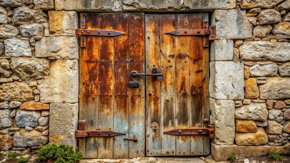 4. Weathered metal door with heavy rust and worn hinges, set in a crumbling stone wall, a realistic photo image. 4. Weathered metal door with heavy rust and worn hinges, set in a crumbling stone wall, a realistic photo image.