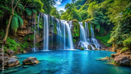 5. A stunning electric blue waterfall cascading down a rugged rockface, surrounded by lush tropical greenery, a realistic photo image.