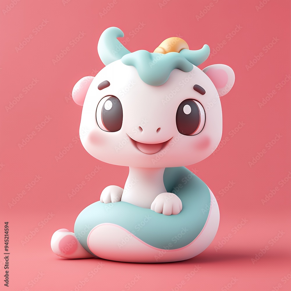 Fototapeta premium A cute, cartoonish dragon-like creature with a joyful expression against a pink background.