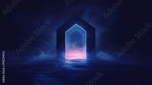 Futuristic neon archway in mysterious foggy atmosphere