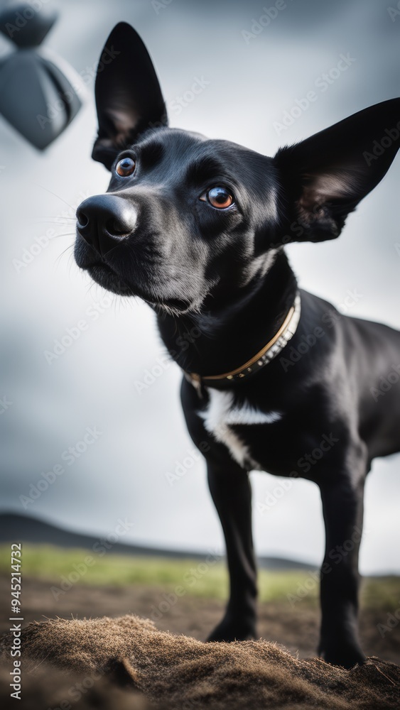 Black and white dog with perked ears stands in a blurred outdoor setting. Black and white dog with perked ears stands in a blurred outdoor setting.