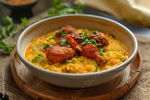 Delicious bowl of chicken curry served with lentils and spices, garnished with fresh herbs on a rustic wooden table