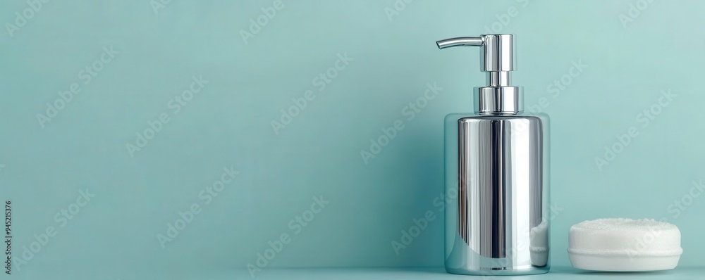 A chrome effect soap dispenser with a polished finish and minimalist design, chrome effect, soap dispenser, polished