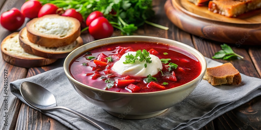 A vibrant bowl of borscht overflows with tender beets, crimson broth, and a crown of creamy sour cream, ready to delight the senses. A vibrant bowl of borscht overflows with tender beets, crimson broth, and a crown of creamy sour cream, ready to delight the senses.