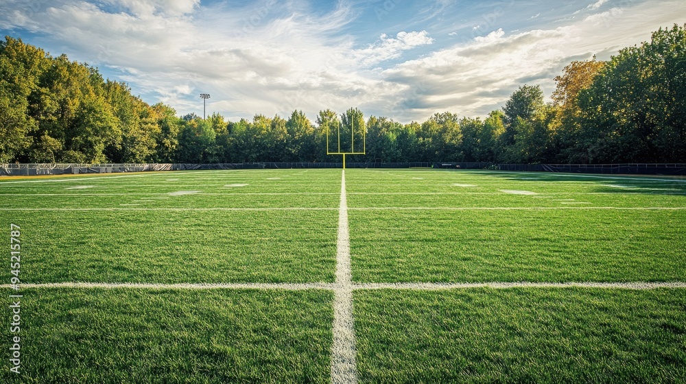 Obraz premium A football field ready for a match, with goalposts, yard lines, and a lush green playing surface.