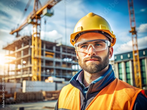 A construction worker in a bright yellow hard hat and safety glasses stands tall, surrounded by the hum of machinery and the whizz of saws.