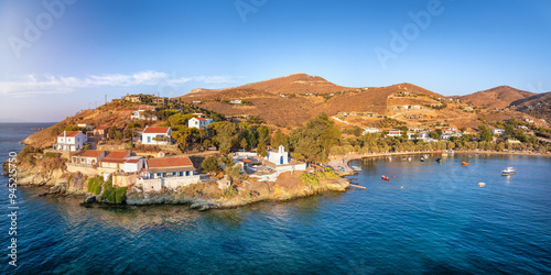 Fototapeta Naklejka Na Ścianę i Meble -  Panoramic sunset view of the beay and beach of Otzias, Kea - Tzia island, Cyclades, Greece