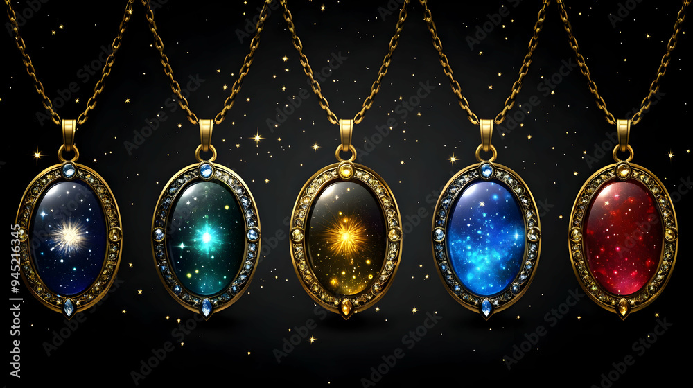 Celestial Galaxy Pendants with Gold Chains and Sparkles Celestial Galaxy Pendants with Gold Chains and Sparkles