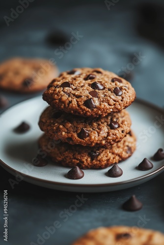 Deliciously baked chocolate chip cookies stacked on a plate against a dark background with scattered chocolate chips