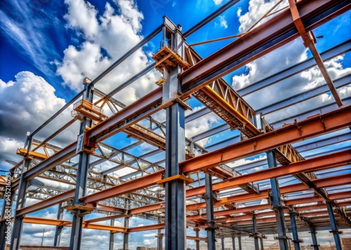 Crisscrossing steel beams pierce the cloudy sky, towering above the bustling construction site as workers toil in the shadows.