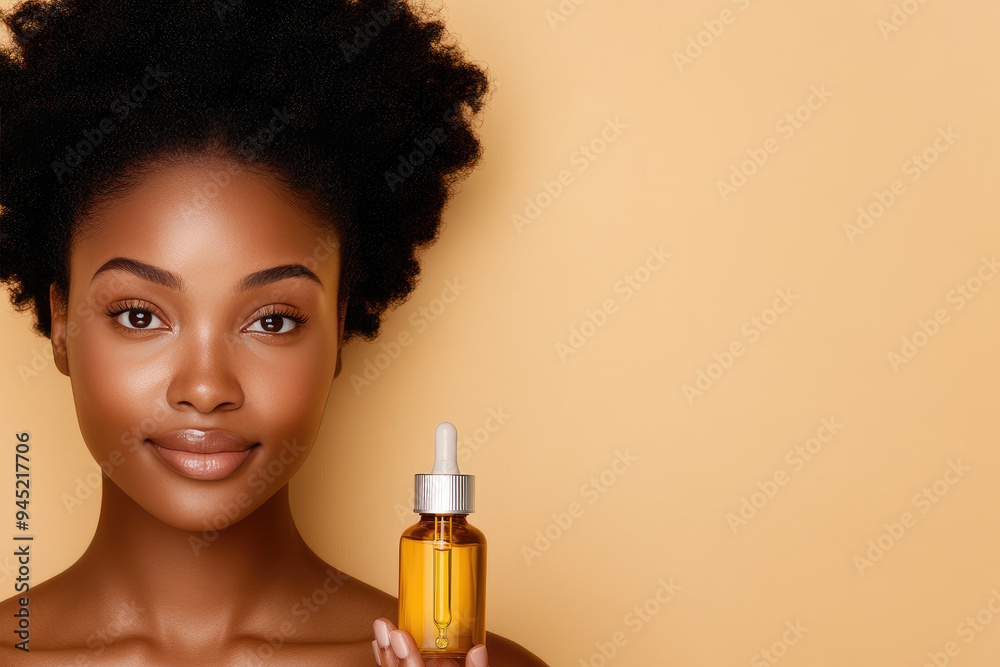 Radiant Glow, a woman showcases a vibrant skincare oil, highlighting natural beauty against a warm yellow backdrop, exuding confidence and elegance. Radiant Glow, a woman showcases a vibrant skincare oil, highlighting natural beauty against a warm yellow backdrop, exuding confidence and elegance.