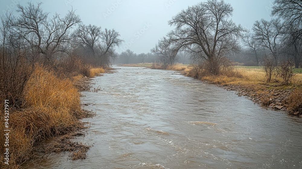 A river flows through a landscape of bare trees and brown grass A river flows through a landscape of bare trees and brown grass