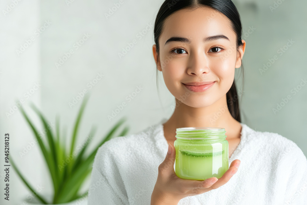 Fresh skincare routine, a young woman smiling while holding a moisturizing green cream jar in a bright and serene bathroom setting with plants in the background Fresh skincare routine, a young woman smiling while holding a moisturizing green cream jar in a bright and serene bathroom setting with plants in the background