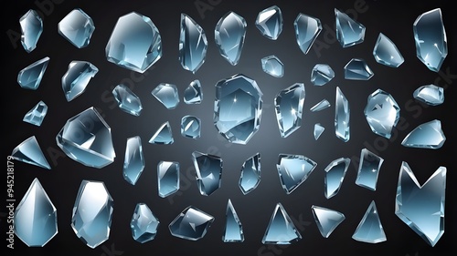 Broken glass vector shatter set, mirror sharp pieces explosion kit, transparent splinter fragments. 3D flying crystal shards, windshield smithereens, realistic dangerous particles. Broken glass design